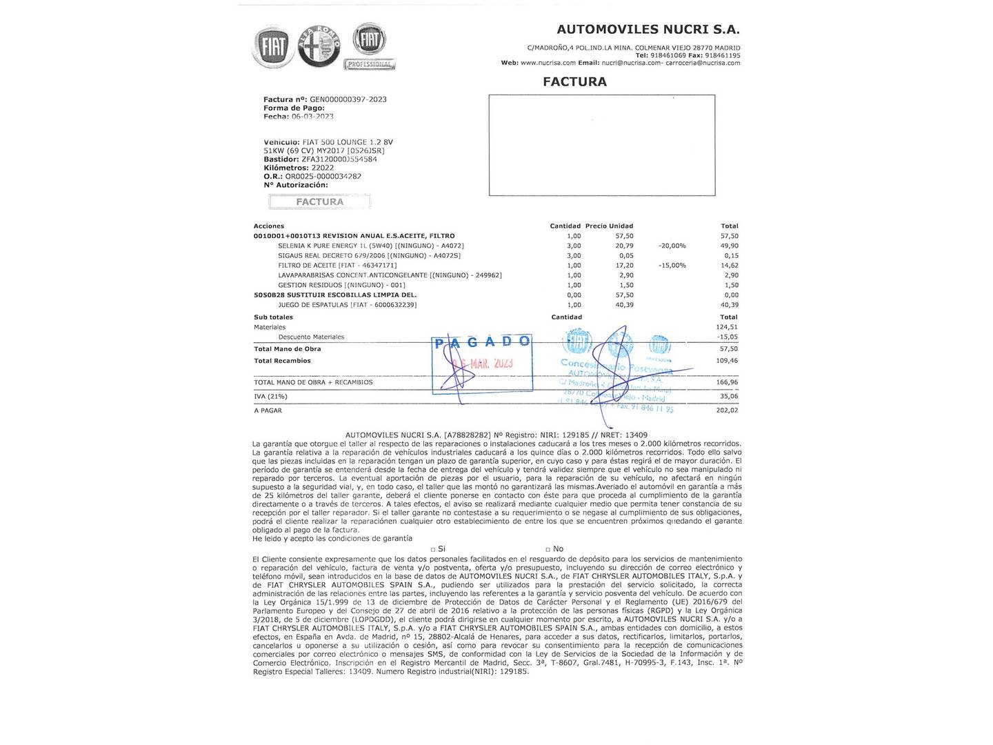 Foto del mantenimiento del Fiat 500 Fiat 500 1.2 8v Lounge (69 CV)