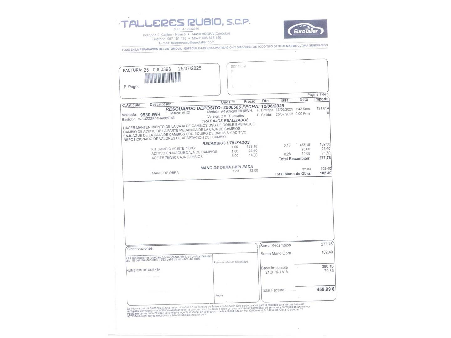 Foto del mantenimiento del Audi A4 Allroad Audi A4 Allroad unlimited edition 2.0 TDI quattro (190 CV) S tronic