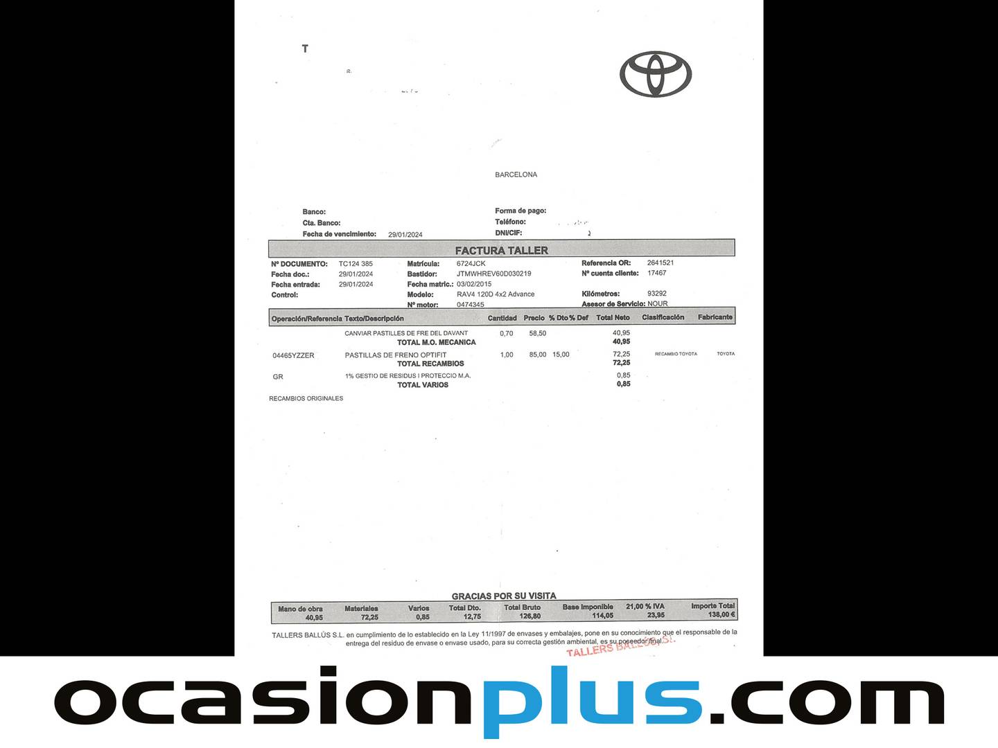 Foto del mantenimiento del Toyota Rav4 Toyota Rav4 120D Advance 4x2 (124 CV)