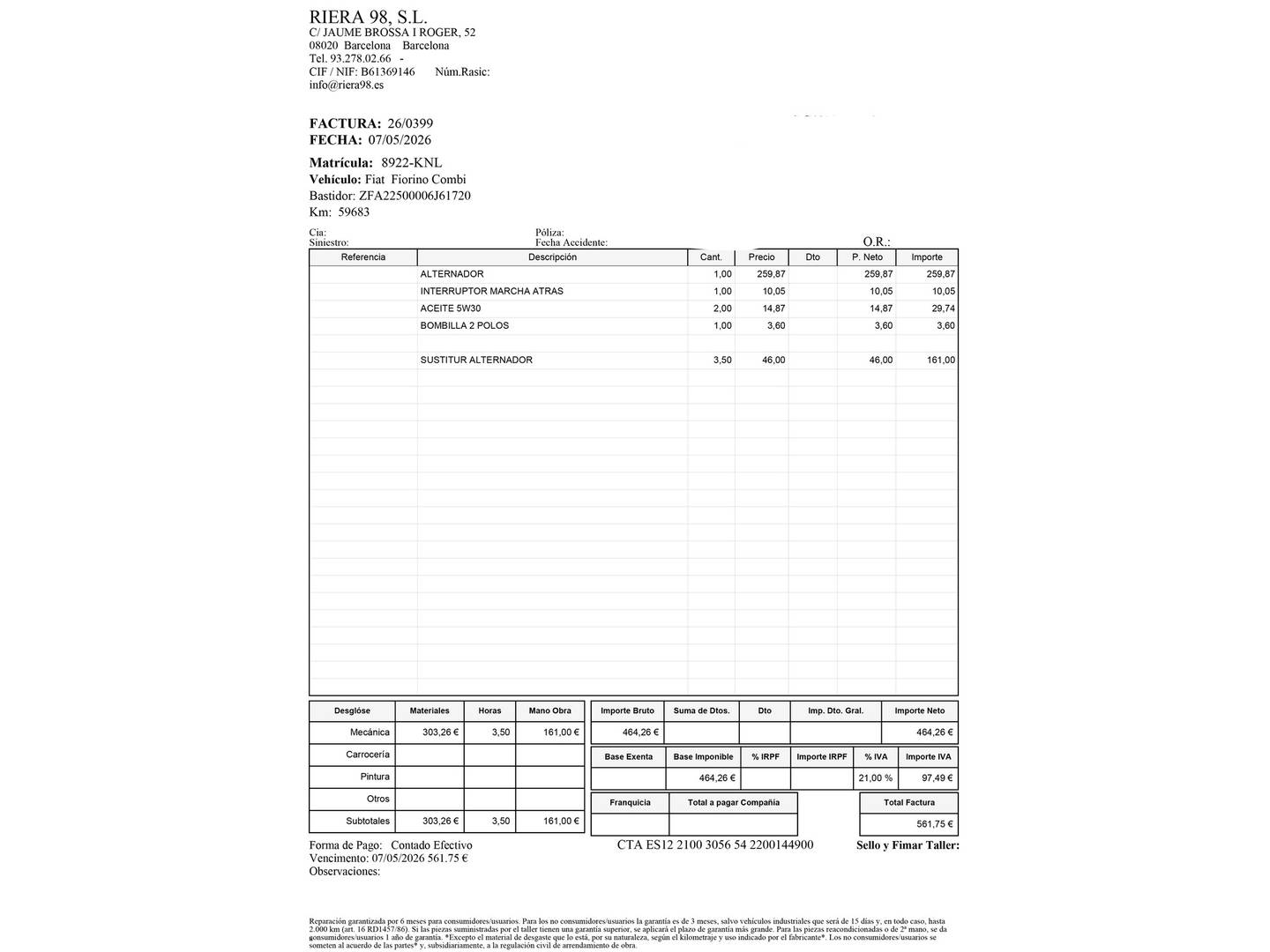 Foto del mantenimiento del Fiat Fiorino Fiat Fiorino Cargo Furgon 1.3 Multijet Base (80 CV)