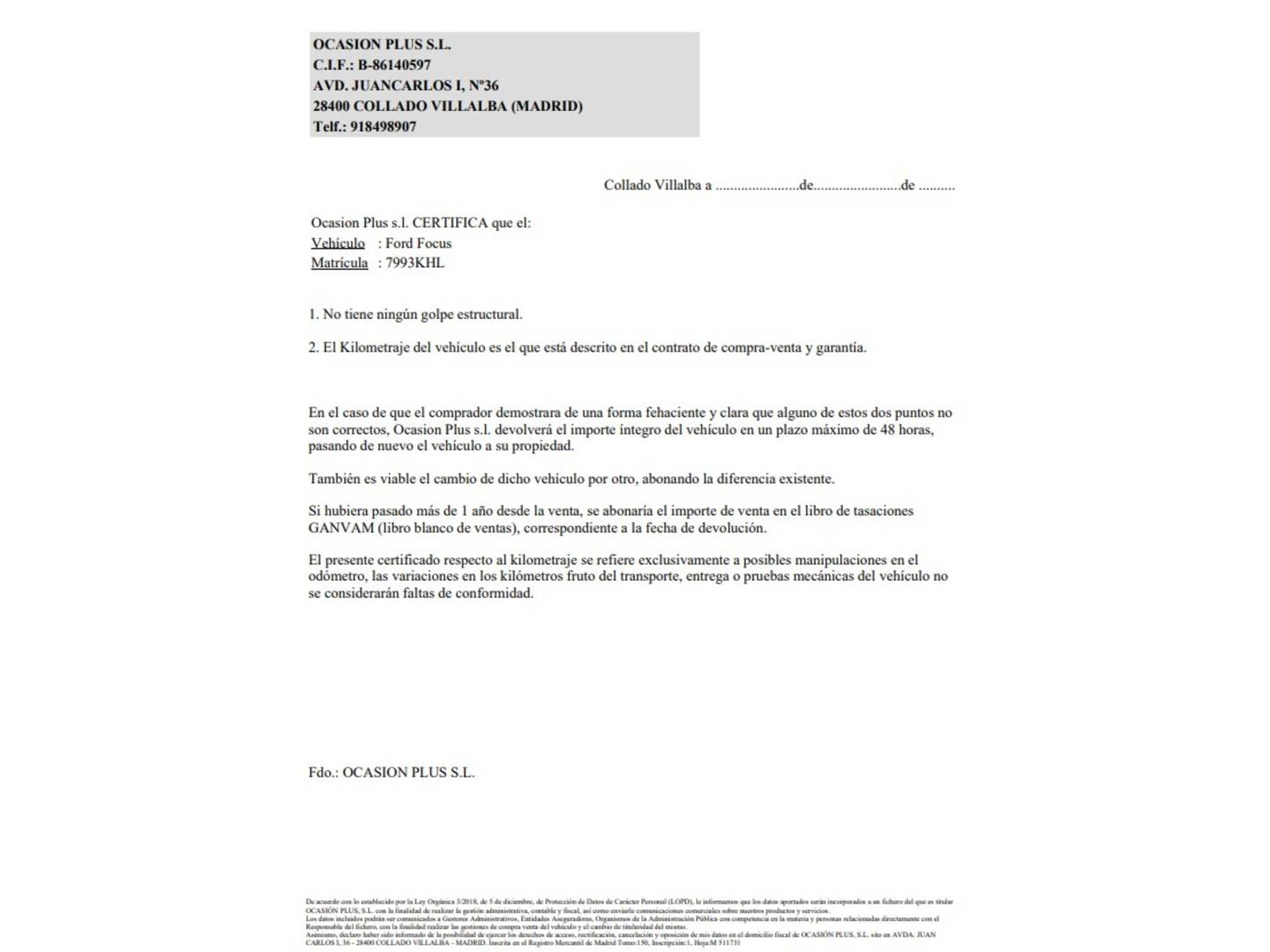 Foto del certificado del Ford Focus Ford Focus 1.0 Ecoboost S&S Trend+ (125 CV)