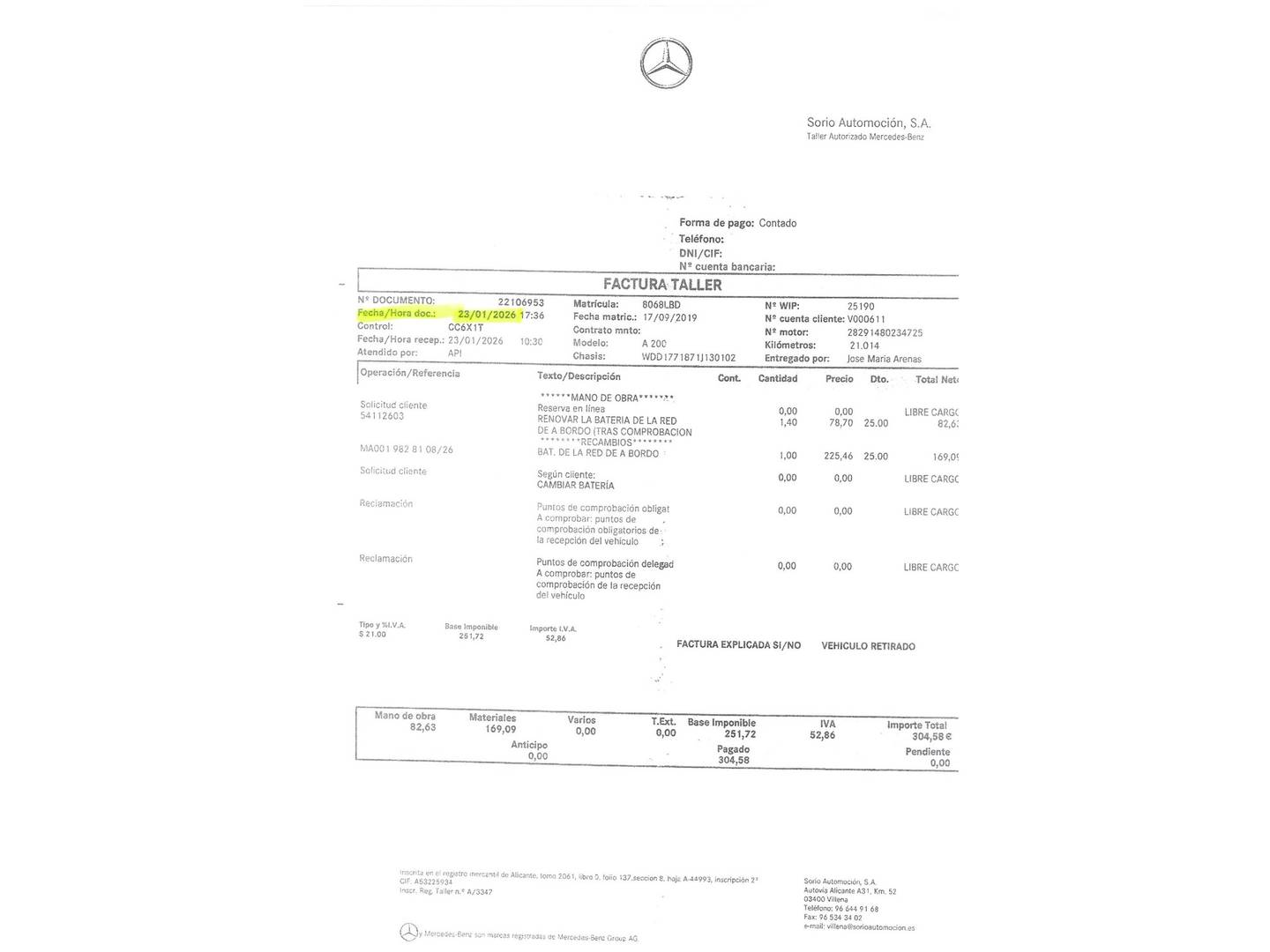 Foto del mantenimiento del Mercedes Clase A Mercedes Clase A 200 Sedán (163 CV)