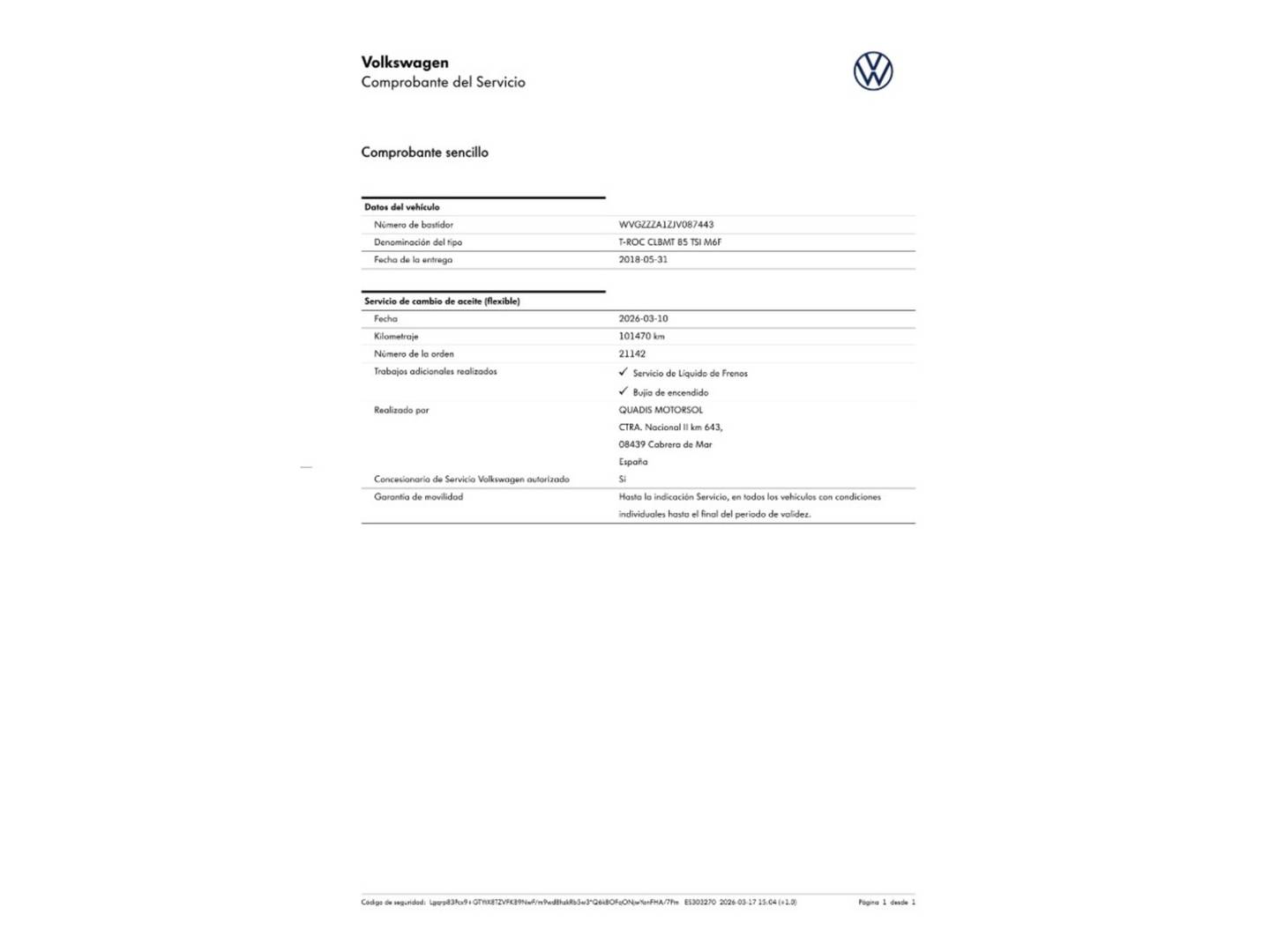 Foto del mantenimiento del Volkswagen T-Roc Volkswagen T-Roc Advance 1.0 TSI (115 CV)