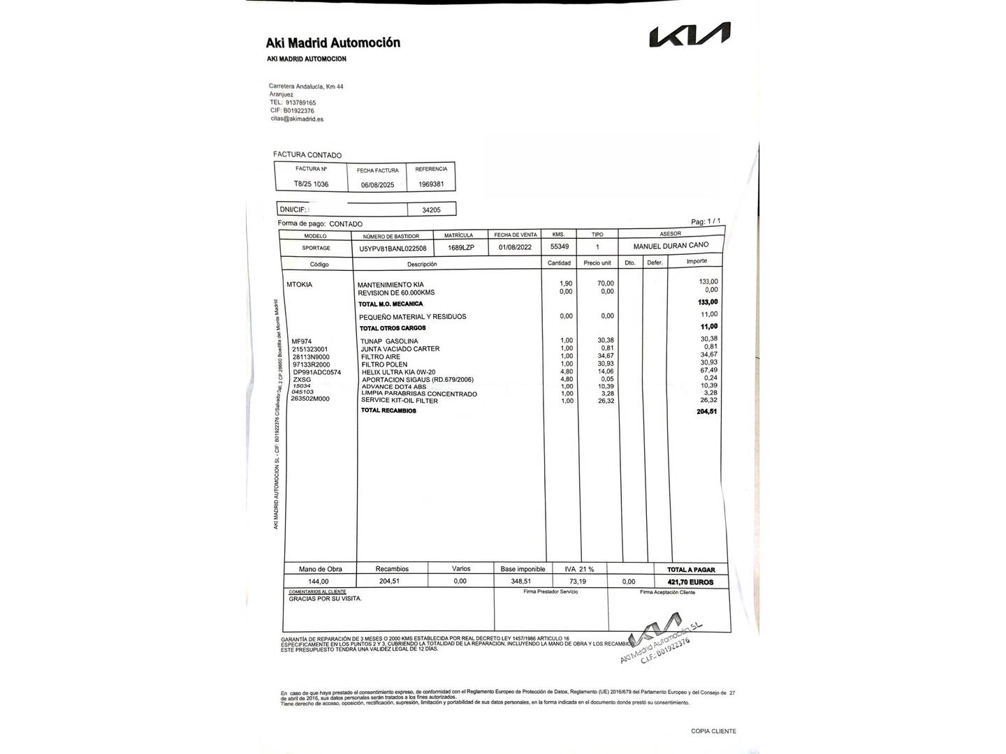 Foto del mantenimiento del KIA Sportage KIA Sportage 1.6 T-GDi Drive 4x2 (150 CV)