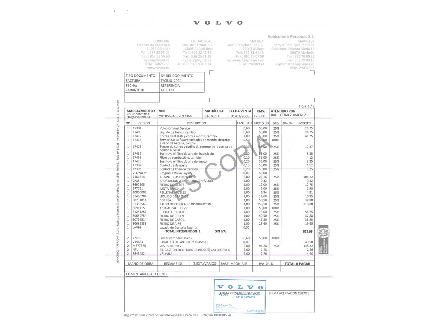 Foto del mantenimiento del Volvo S60 Volvo S60 2.4D Momentum (163 CV)
