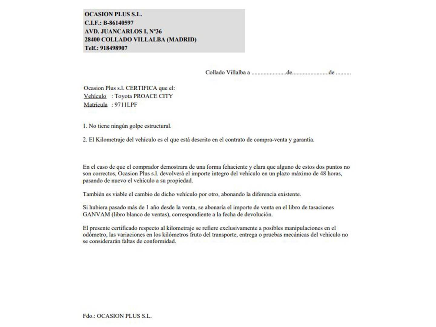 Foto del certificado del Toyota Proace City Toyota Proace City 1.5 D VX L1 (102 CV)