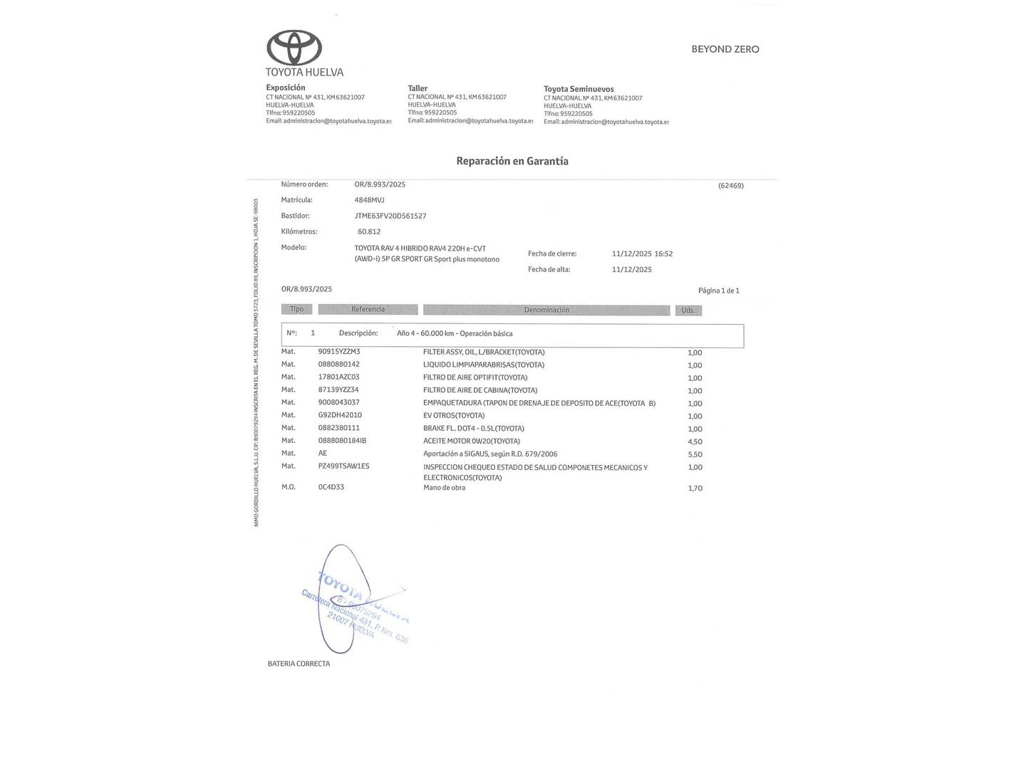 Foto del mantenimiento del Toyota Rav4 Toyota Rav4 2.5 220H GR-Sport Plus 4x4 e-CVT (222 CV)