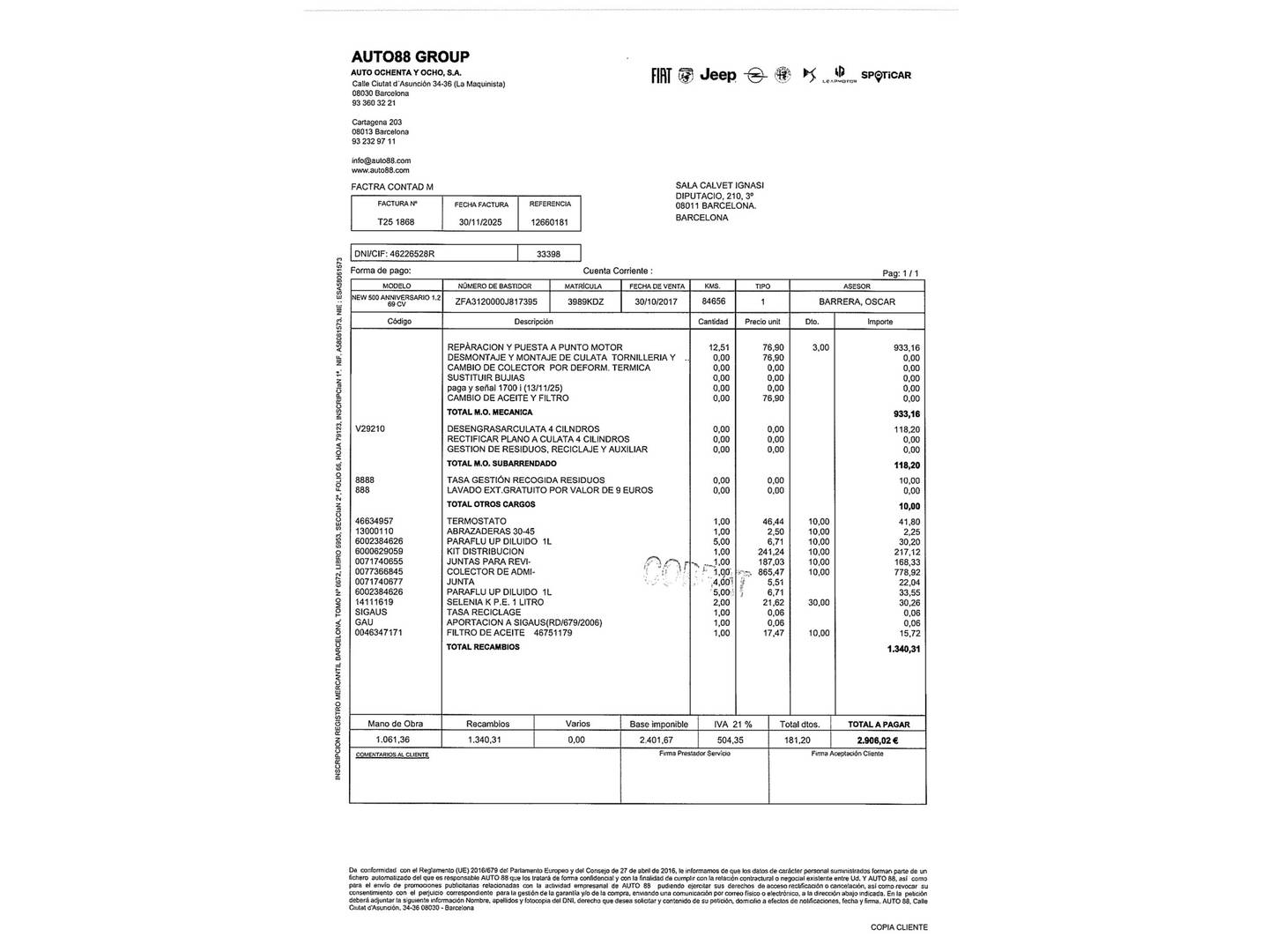 Foto del mantenimiento del Fiat 500 Fiat 500 1.2 8v Aniversario (69 CV)