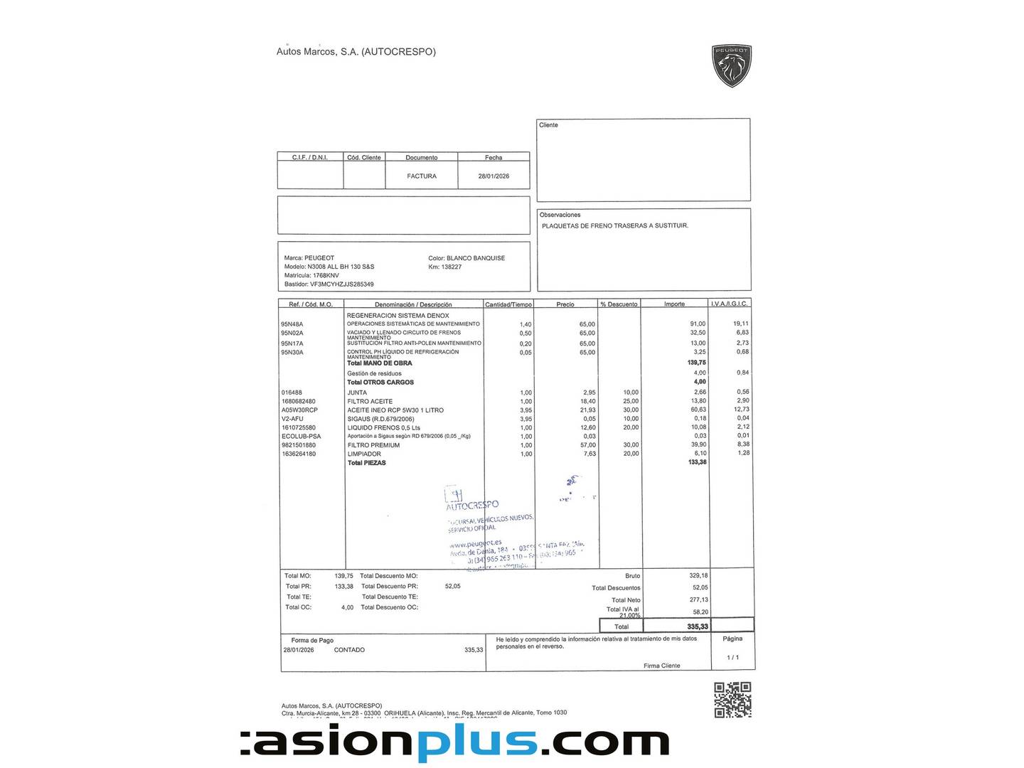 Foto del mantenimiento del Peugeot 3008 Peugeot 3008 BlueHDI 130 S&S Allure (130 CV)