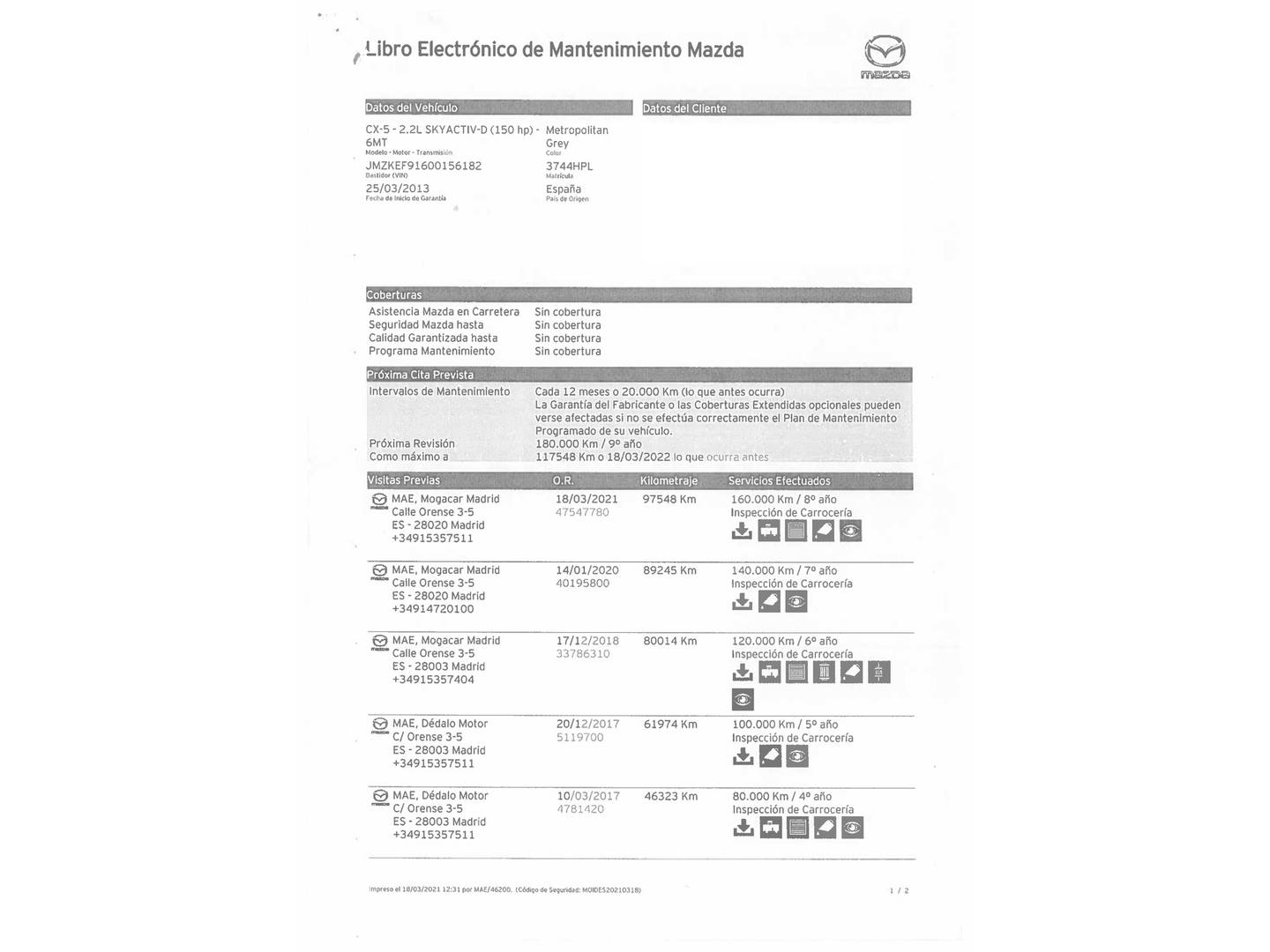Foto del mantenimiento del Mazda CX-5 Mazda CX-5 2.2 DE Style 2WD (150 CV)