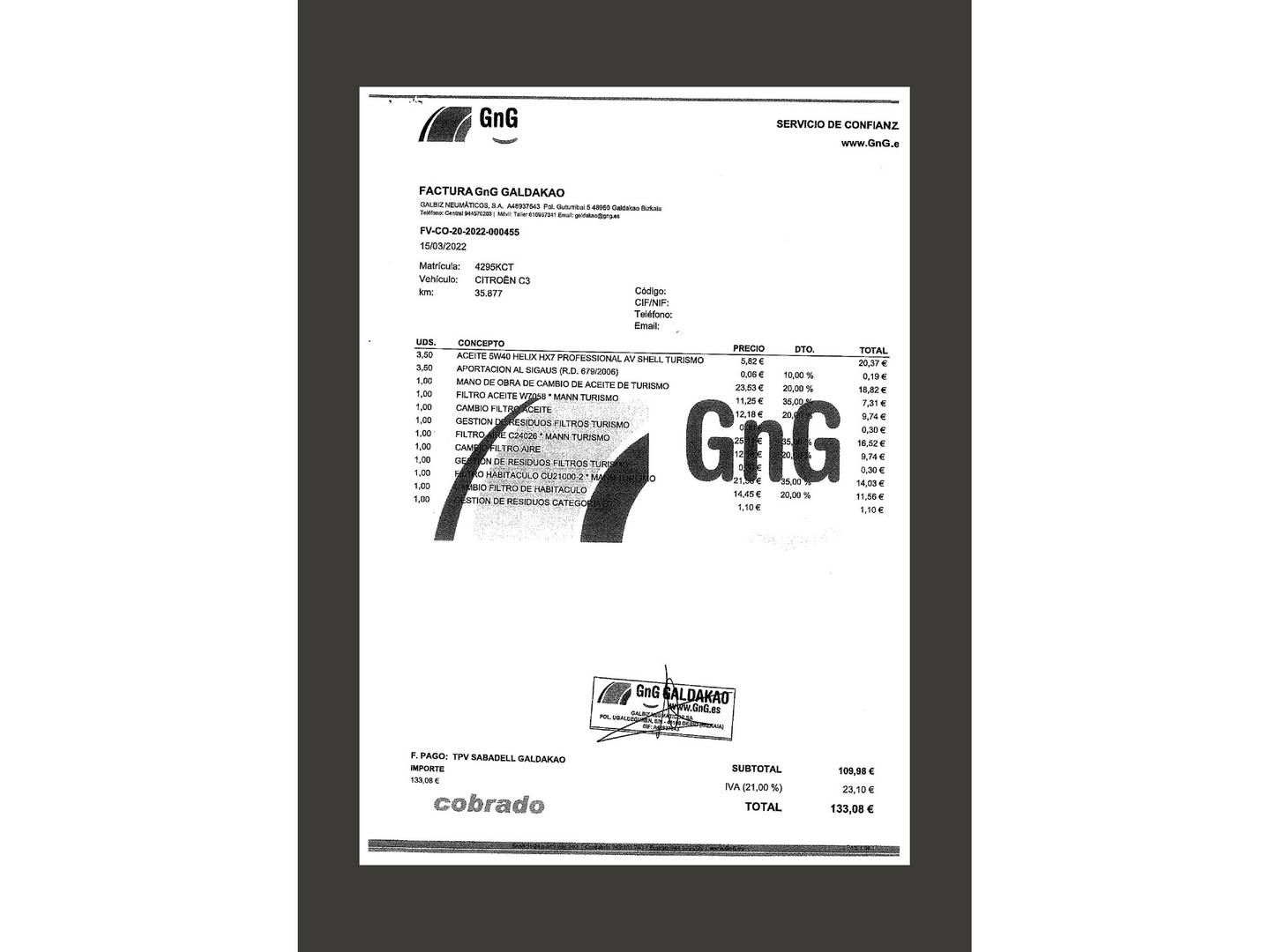 Foto del mantenimiento del Citroën C3 Citroen C3 PureTech 68 Feel  (68 CV)