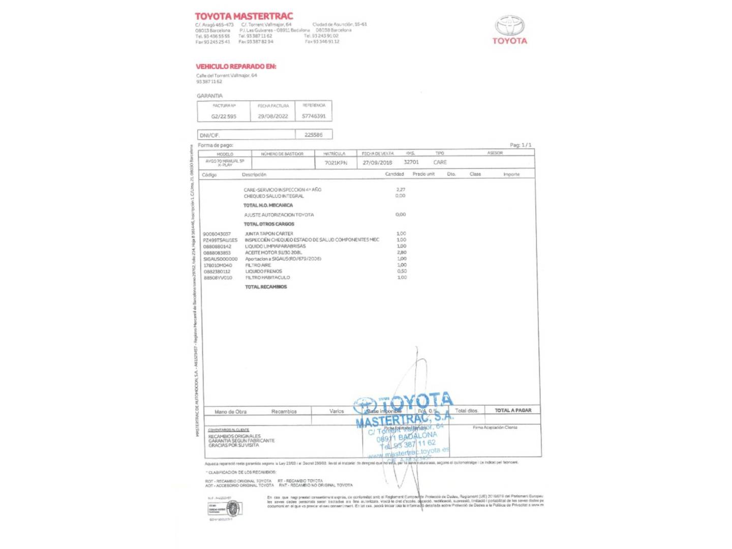 Foto del mantenimiento del Toyota Aygo Toyota Aygo 1.0 70 x-play (72 CV)