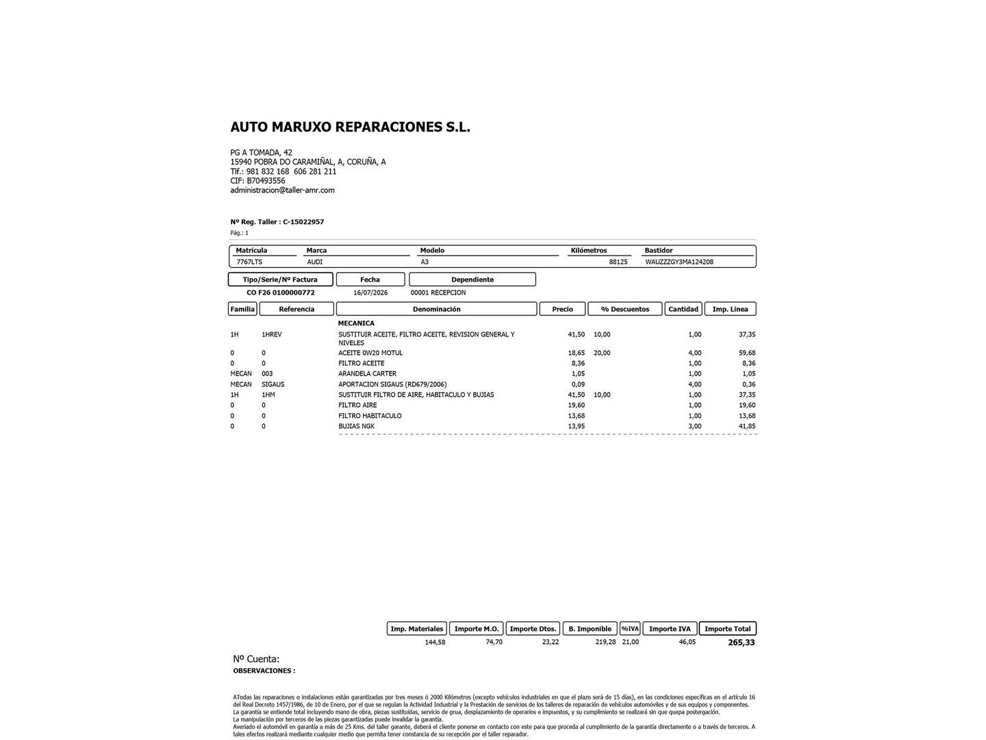 Foto del mantenimiento del Audi A3 Audi A3 Sportback Advanced 30 TFSI (110 CV)