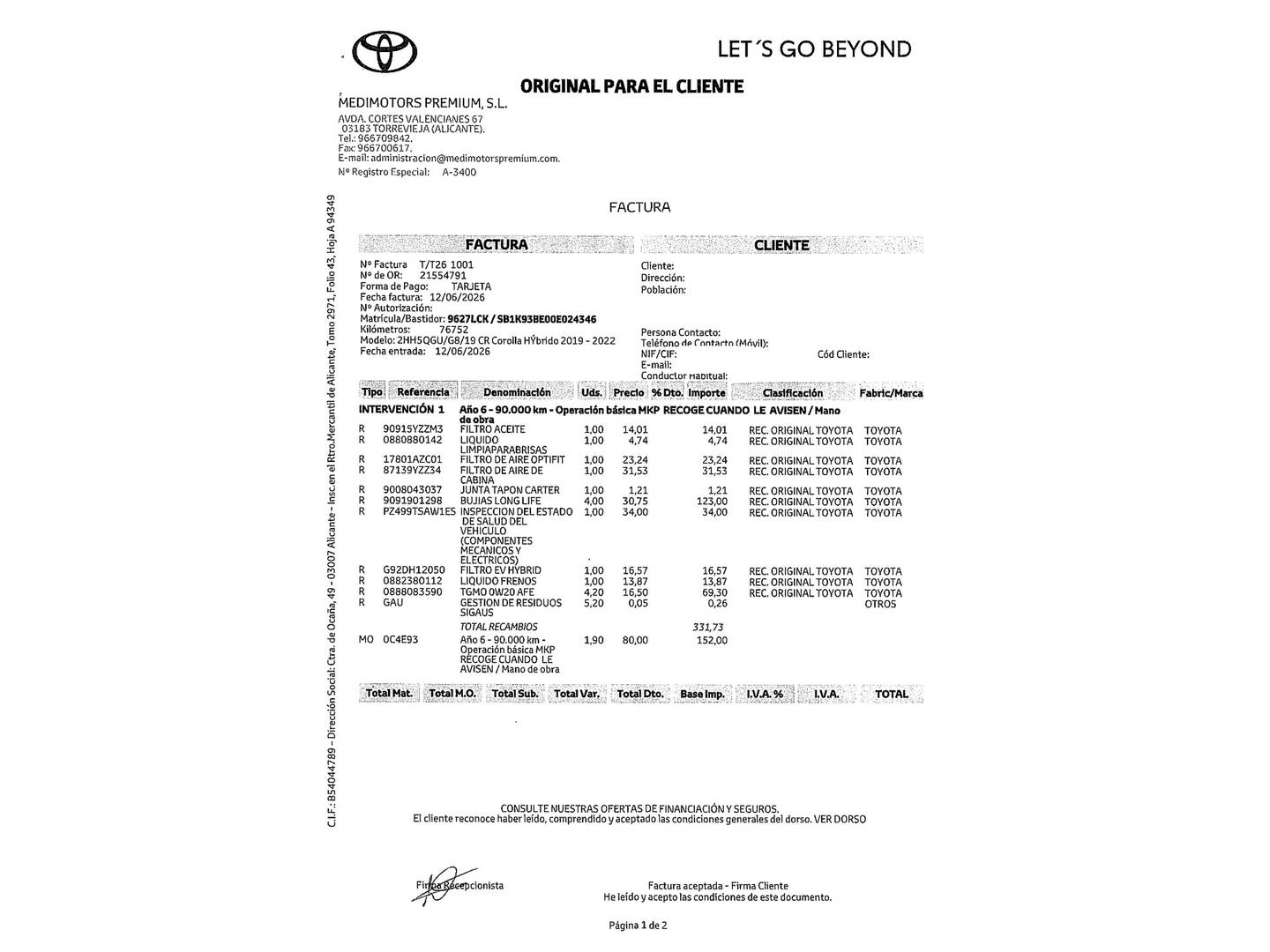 Foto del mantenimiento del Toyota Corolla Toyota Corolla 1.8 125 Híbrido Feel! E-CVT (122 CV)