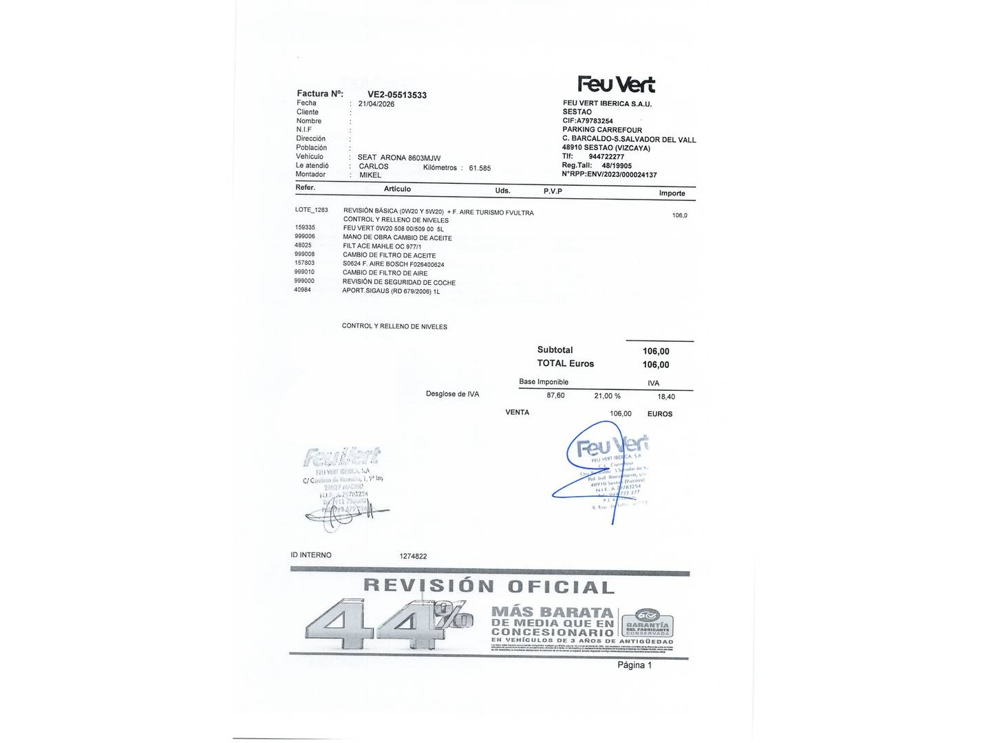 Foto del mantenimiento del Seat Arona Seat Arona 1.5 TSI S&S FR XL DSG (150 CV)