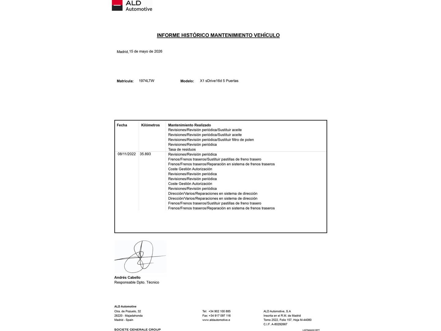 Foto del mantenimiento del BMW X1 BMW X1 sDrive16d (116 CV)