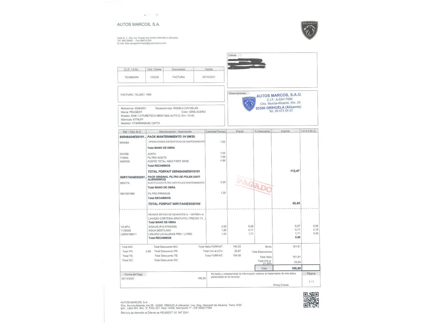 Foto del mantenimiento del Peugeot 5008 Peugeot 5008 PureTech 130 GT Line EAT8 (130 CV) (7 Plazas)