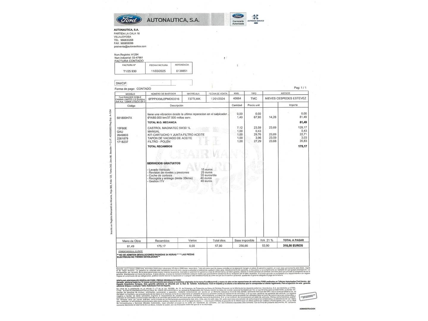 Foto del mantenimiento del Ford Ranger Ford Ranger Pickup 2.0 Ecoblue Doble Cabina Limited 4x4 AT (170 CV)