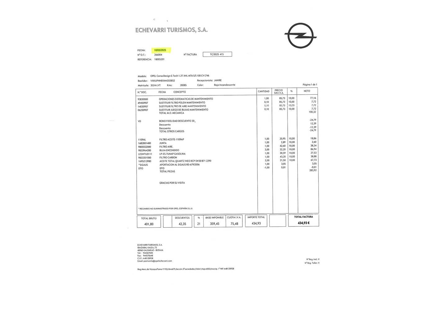 Foto del mantenimiento del Opel Corsa Opel Corsa 1.2 Turbo XHL Elegance (100 CV)
