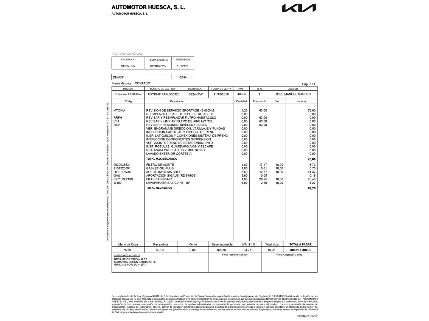 Foto del mantenimiento del KIA Sportage KIA Sportage 1.6 GDi Drive 4x2 (132 CV)