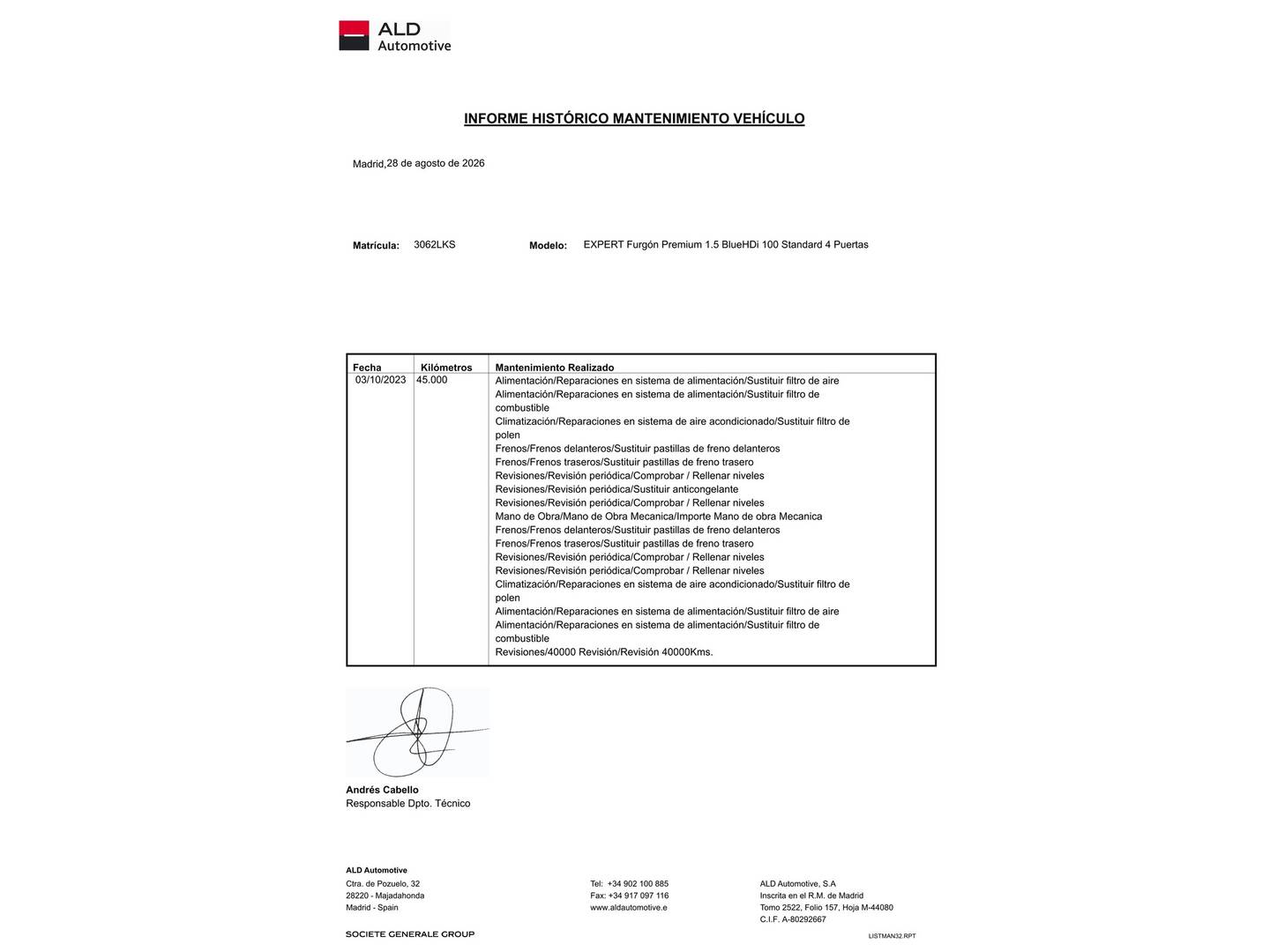 Foto del mantenimiento del Peugeot Expert Peugeot Expert Furgon BlueHDi 100 Premium Standard (102 CV)