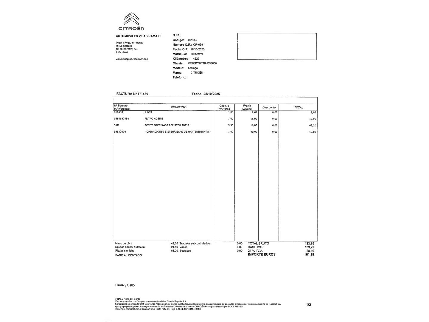 Foto del mantenimiento del Citroën Berlingo Citroën Berlingo BlueHDi 100 S&S Plus Talla M (102 CV)