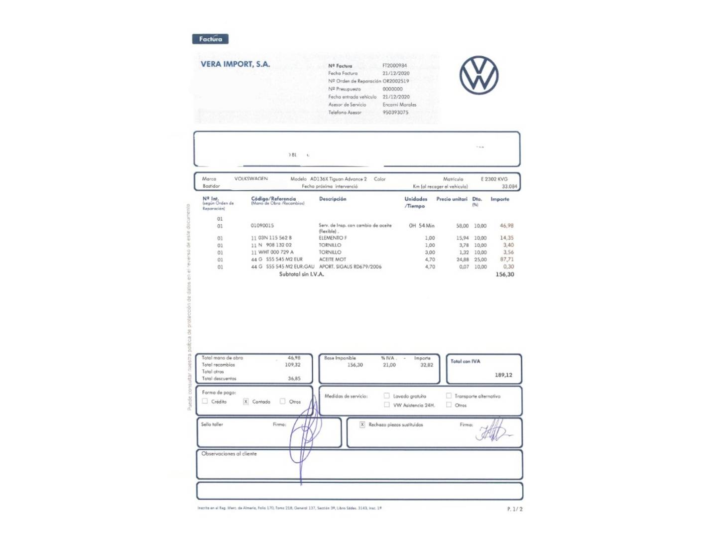 Foto del mantenimiento del Volkswagen Tiguan Volkswagen Tiguan Advance 2.0 TDI (150 CV) Pack R-line