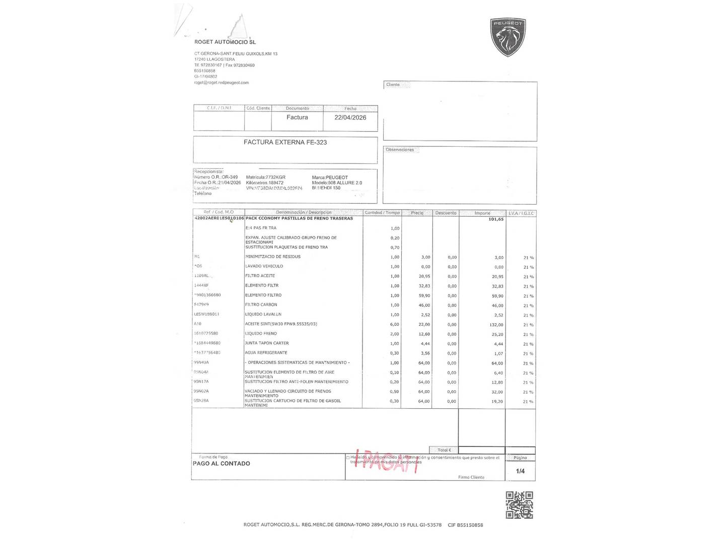 Foto del mantenimiento del Peugeot 508 Peugeot 508 2.0 BlueHDI Allure (150 CV)
