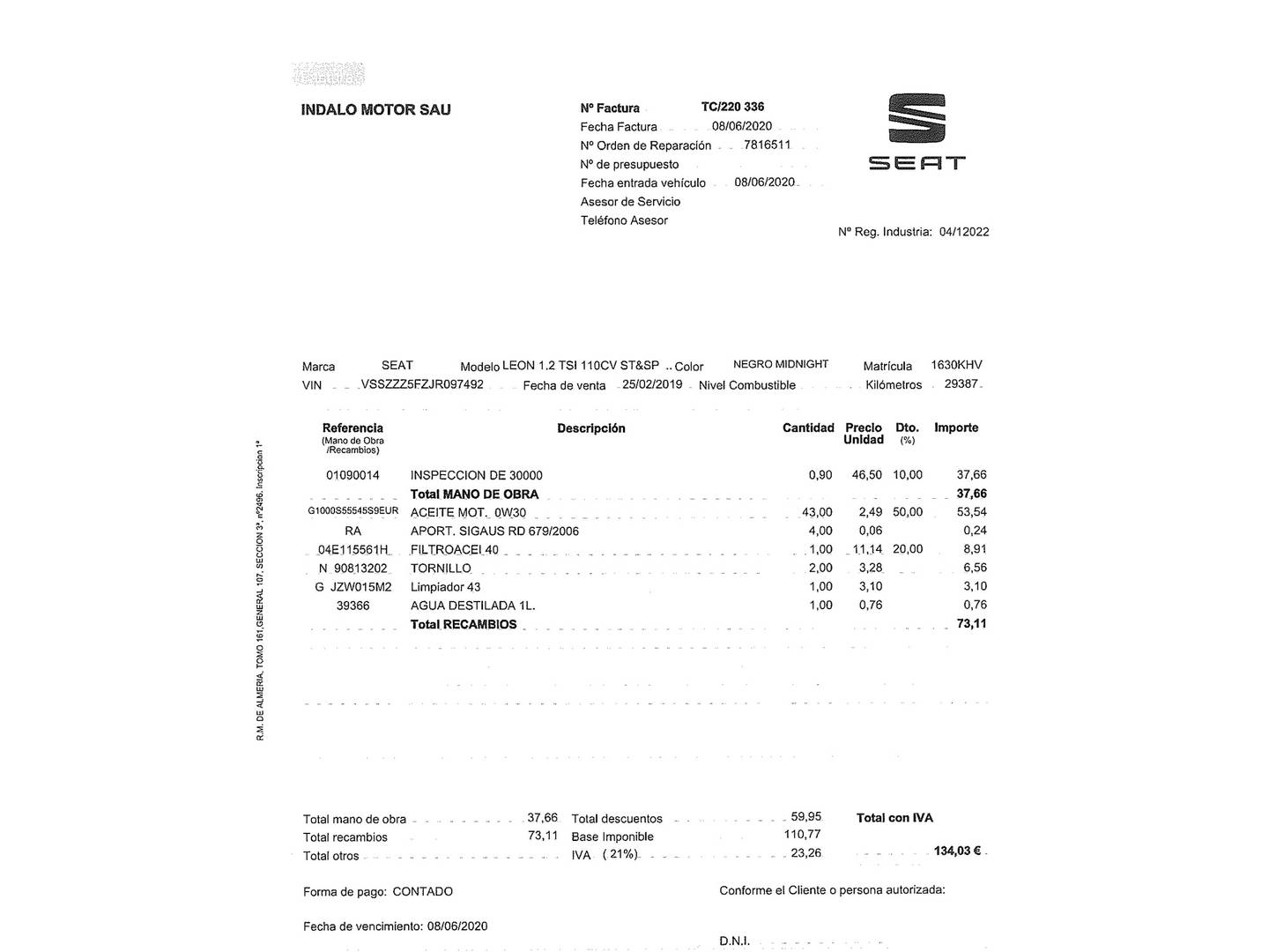 Foto del mantenimiento del Seat León SEAT León 1.2 TSI S&S Style (110 CV)