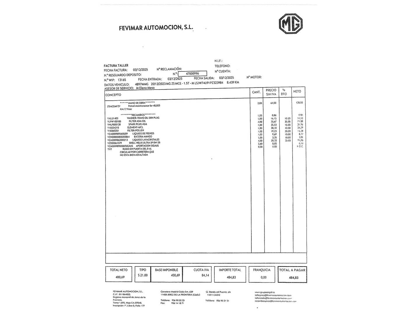 Foto del mantenimiento del MG ZS MG ZS 1.5 Comfort (106 CV)