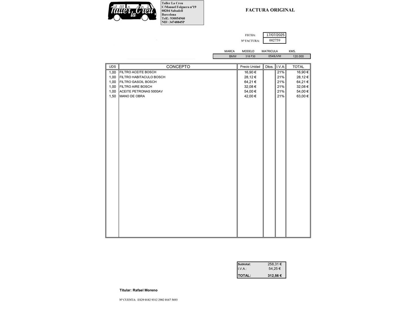Foto del mantenimiento del BMW Serie 3 BMW Serie 3 318d (150 CV)