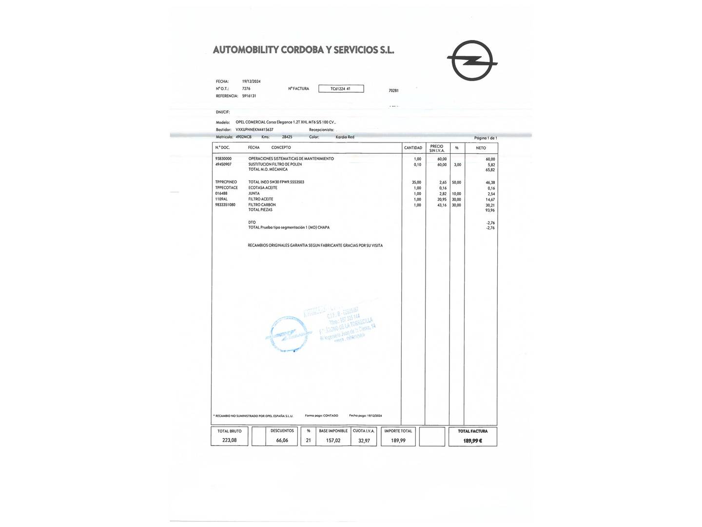 Foto del mantenimiento del Opel Corsa Opel Corsa 1.2 Turbo XHL Elegance (100 CV)