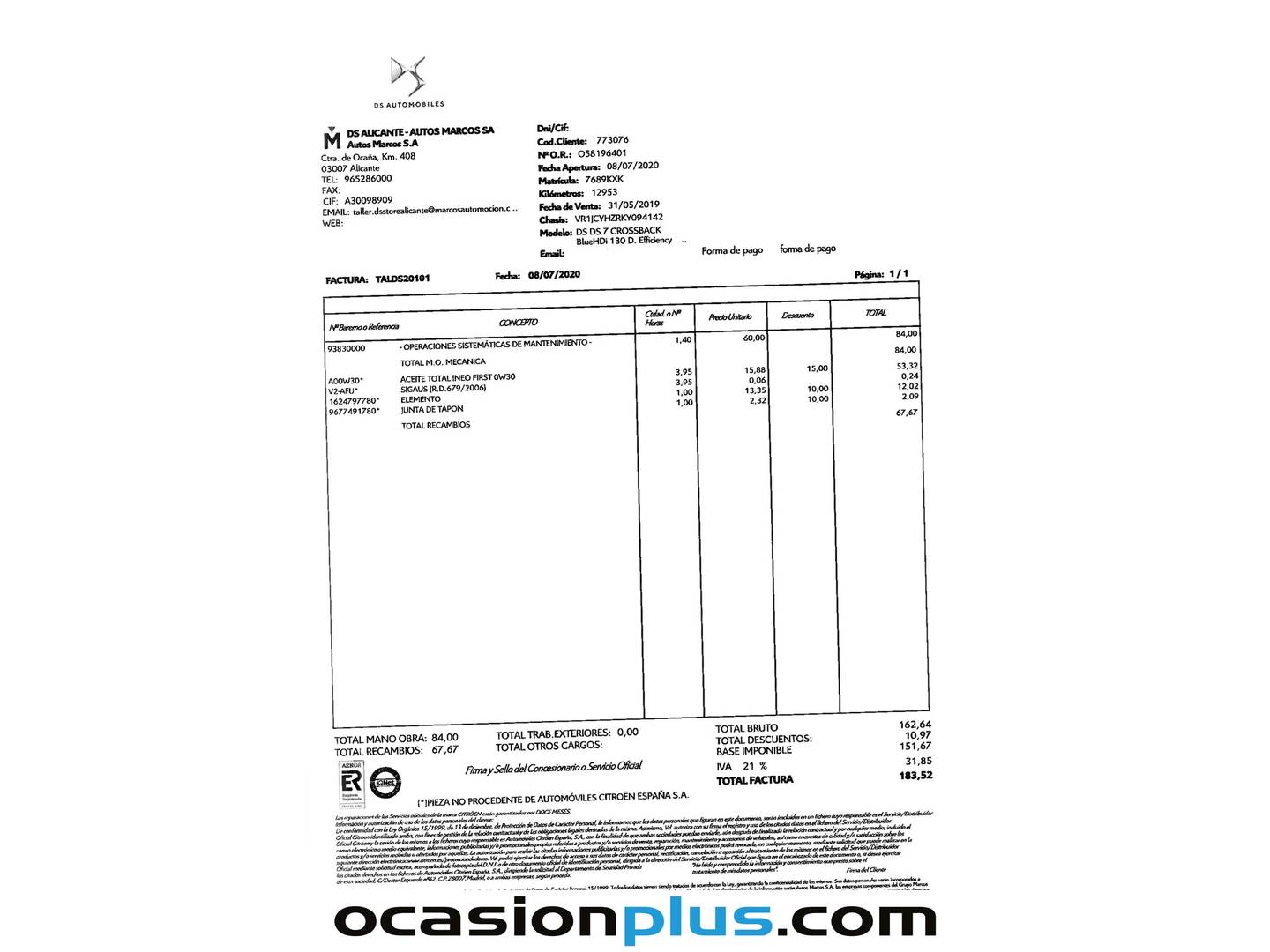 Foto del mantenimiento del DS DS 7 Crossback DS DS7 Crossback BlueHDi 130 Performance Line Auto (130 CV)