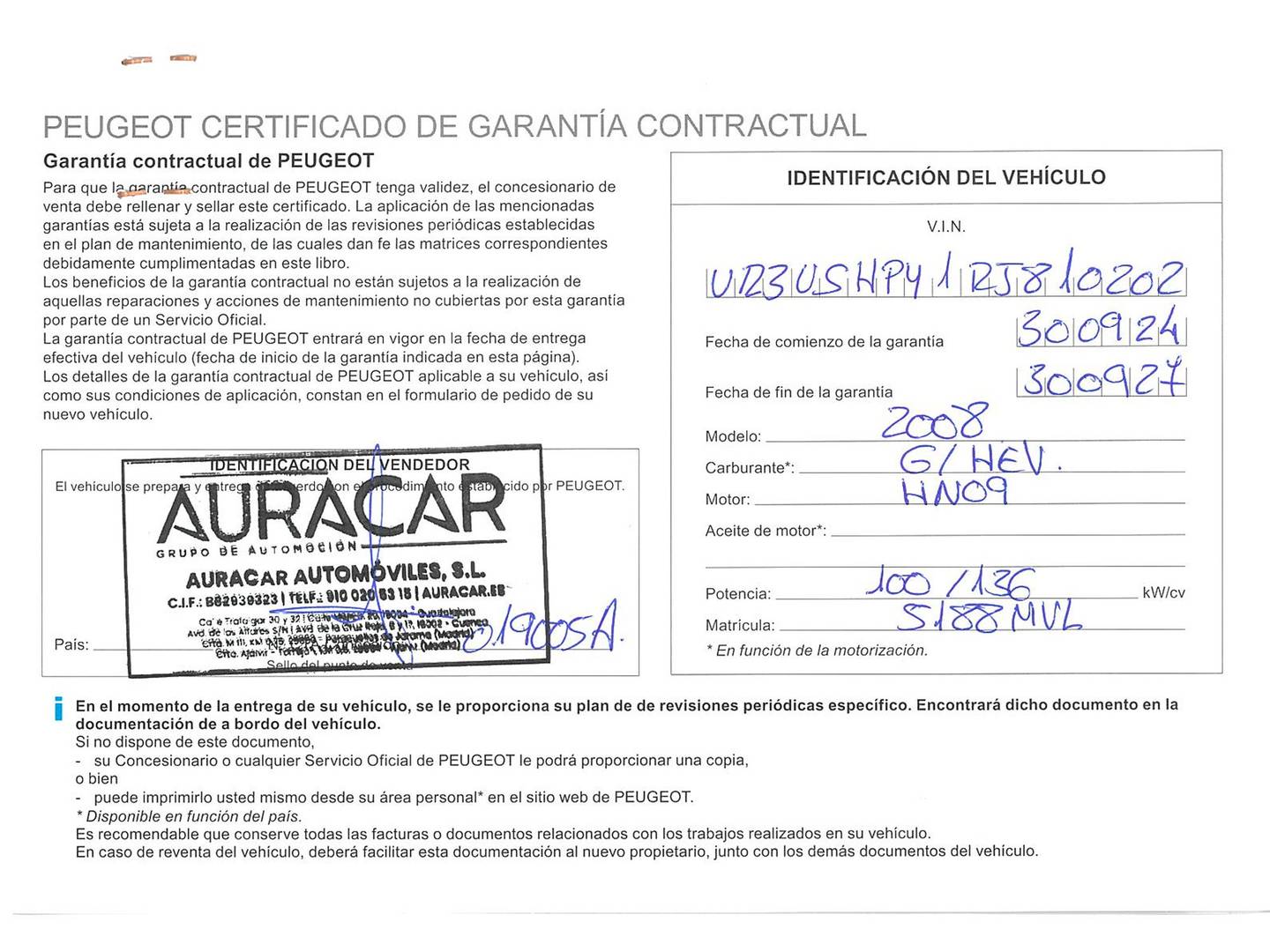 Foto del mantenimiento del Peugeot 2008 Peugeot 2008 Allure Hybrid eDCS6 (136 CV)