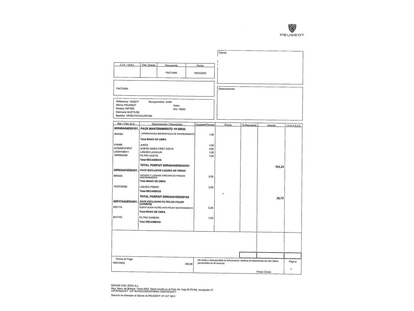 Foto del mantenimiento del Peugeot Rifter Peugeot Rifter BlueHDi 100 S&S Allure Standard (100 CV)