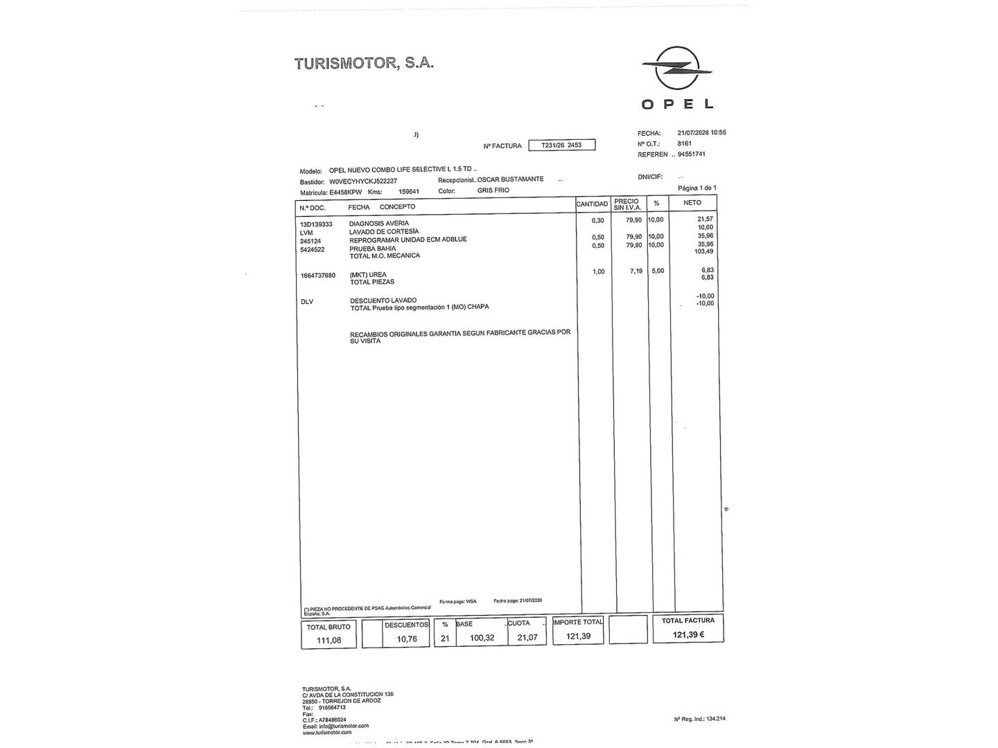 Foto del mantenimiento del Opel Combo Life Opel Combo Life 1.5 TD S&S Selective L (100 CV)