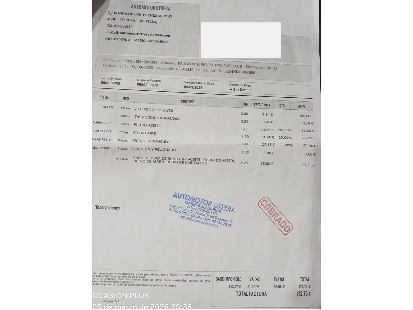 Foto del mantenimiento del Peugeot 2008 Peugeot 2008 Puretech 100 S&S Active (100 CV)