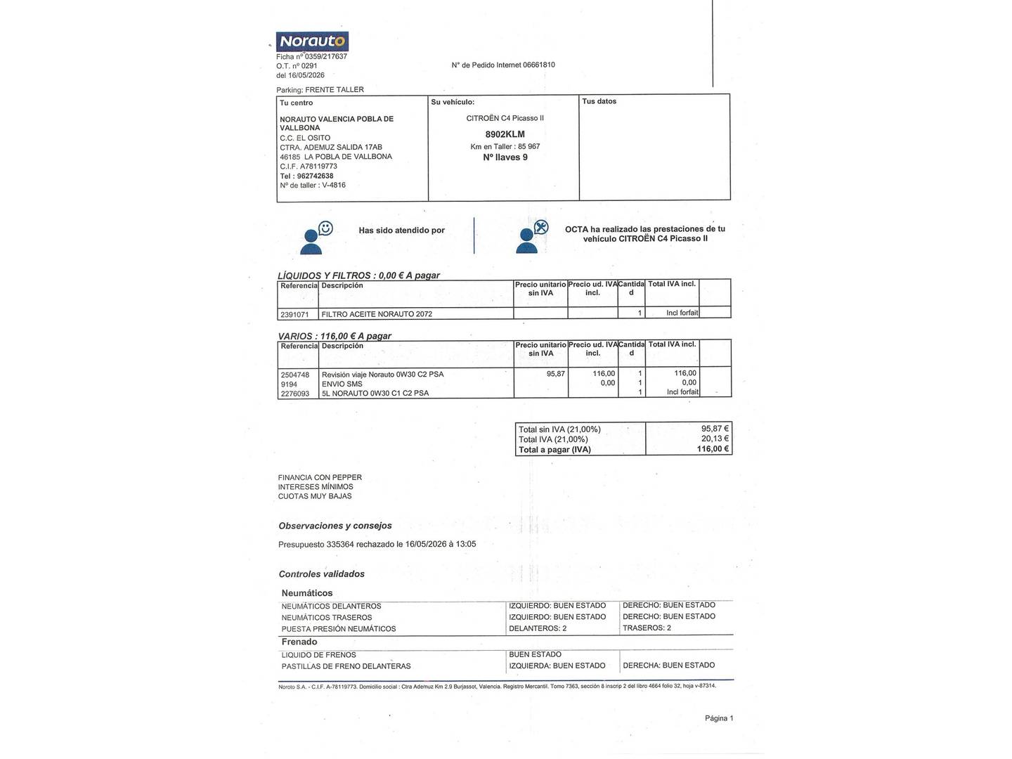 Foto del mantenimiento del Citroën C4 Picasso Citroën C4 Picasso BlueHDi 120 Feel (120 CV)