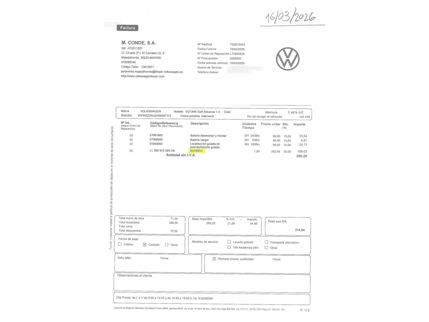 Foto del mantenimiento del Volkswagen Golf Volkswagen Golf Advance 1.4 TSI BMT (125 CV)