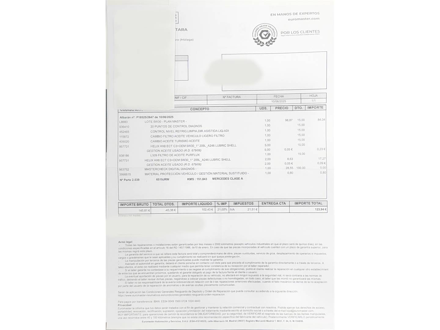 Foto del mantenimiento del Mercedes Clase A Mercedes Clase A 200 d AMG Line (136 CV)