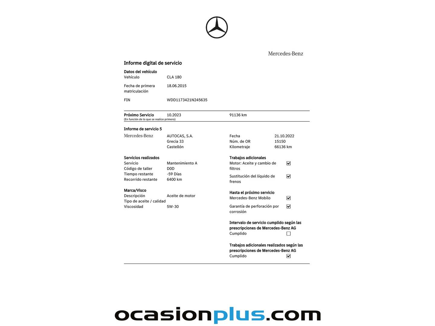 Foto del mantenimiento del Mercedes CLA Mercedes CLA 180 Urban (122 CV)