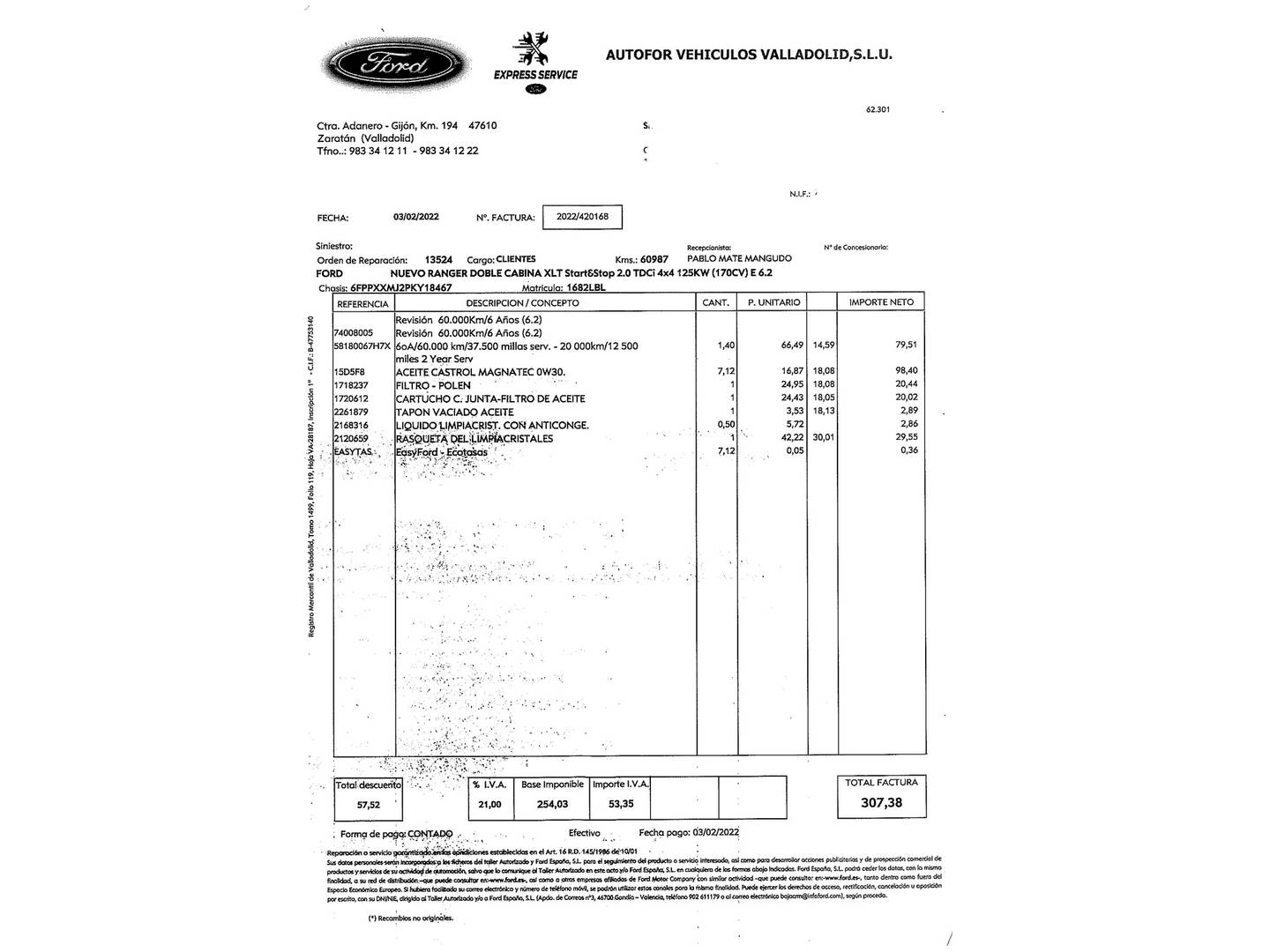 Foto del mantenimiento del Ford Ranger Ford Ranger Pickup 2.0 TDCI S&S DobleCabina XLT 4x4 (170 CV)