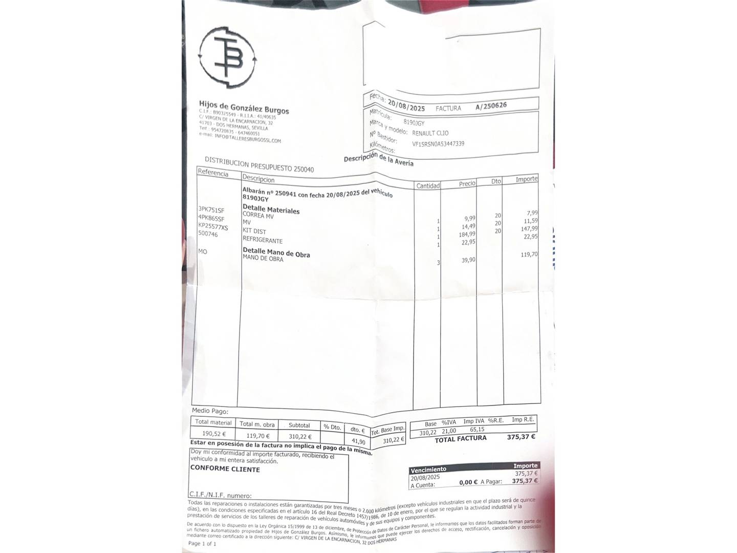 Foto del mantenimiento del Renault Clio Renault Clio Expression 1.2 16v (75 CV)