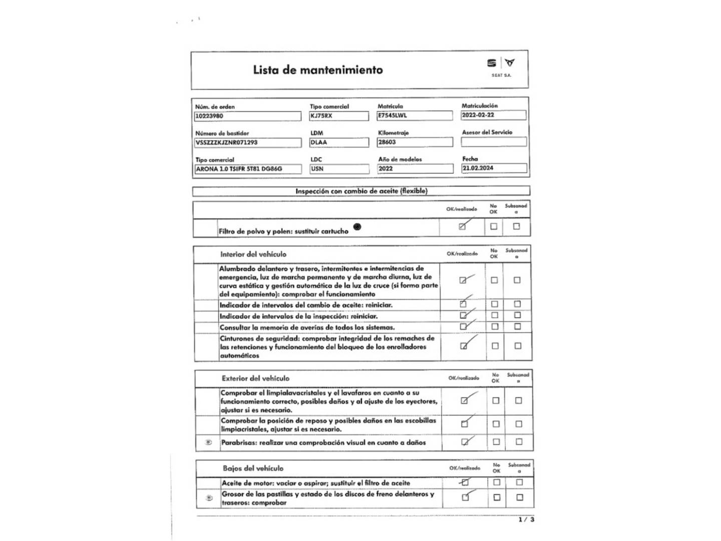 Foto del mantenimiento del Seat Arona SEAT Arona 1.0 TSI S&S FR Plus (110 CV)