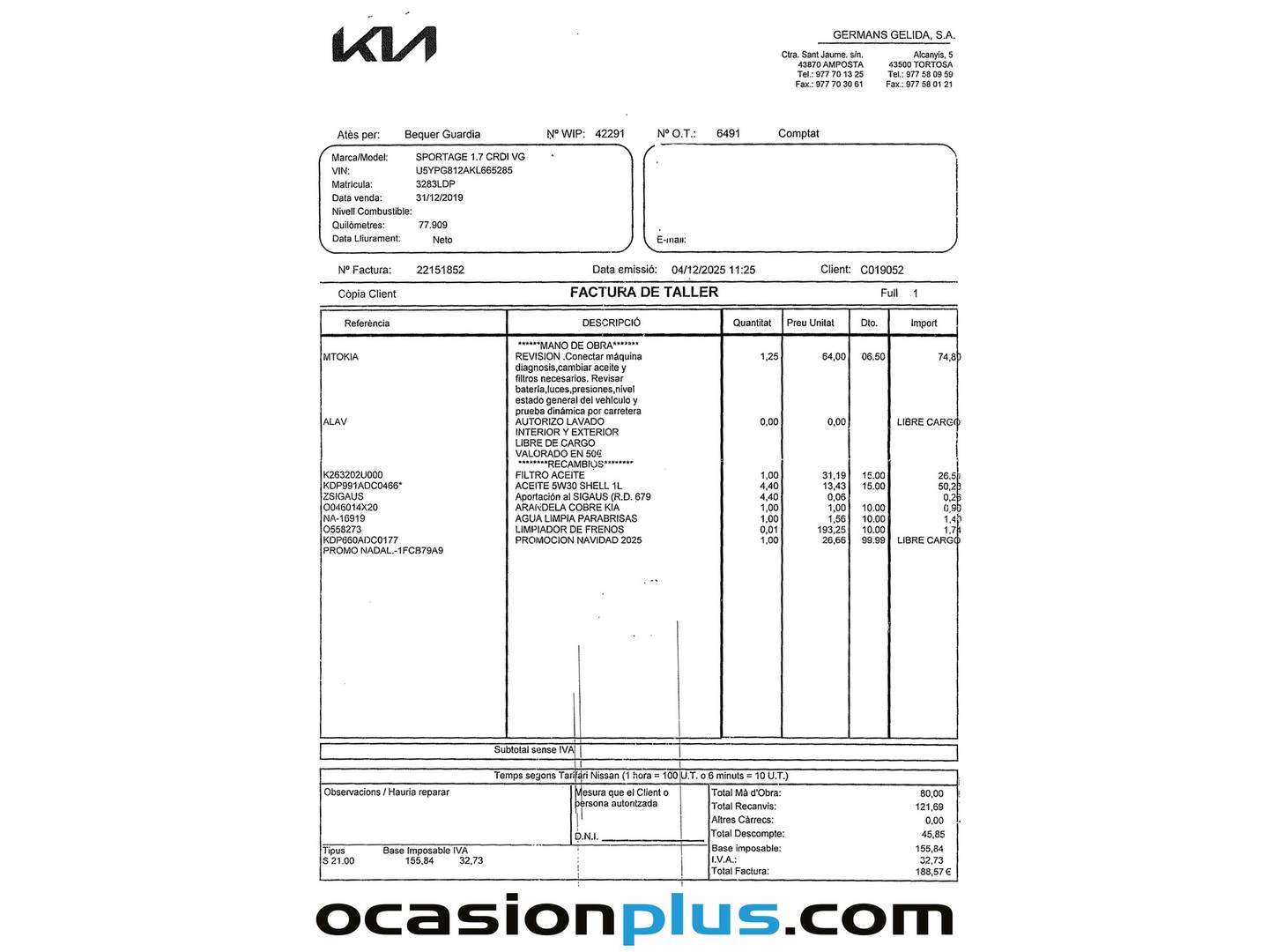 Foto del mantenimiento del KIA Sportage KIA Sportage 1.6 CRDi Business 4x2 (136 CV)