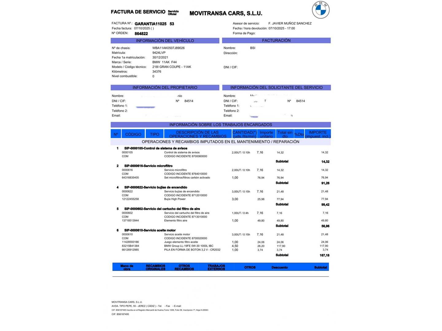 Foto del mantenimiento del BMW Serie 2 BMW Serie 2 218i Gran Coupe (140 CV) Pack M