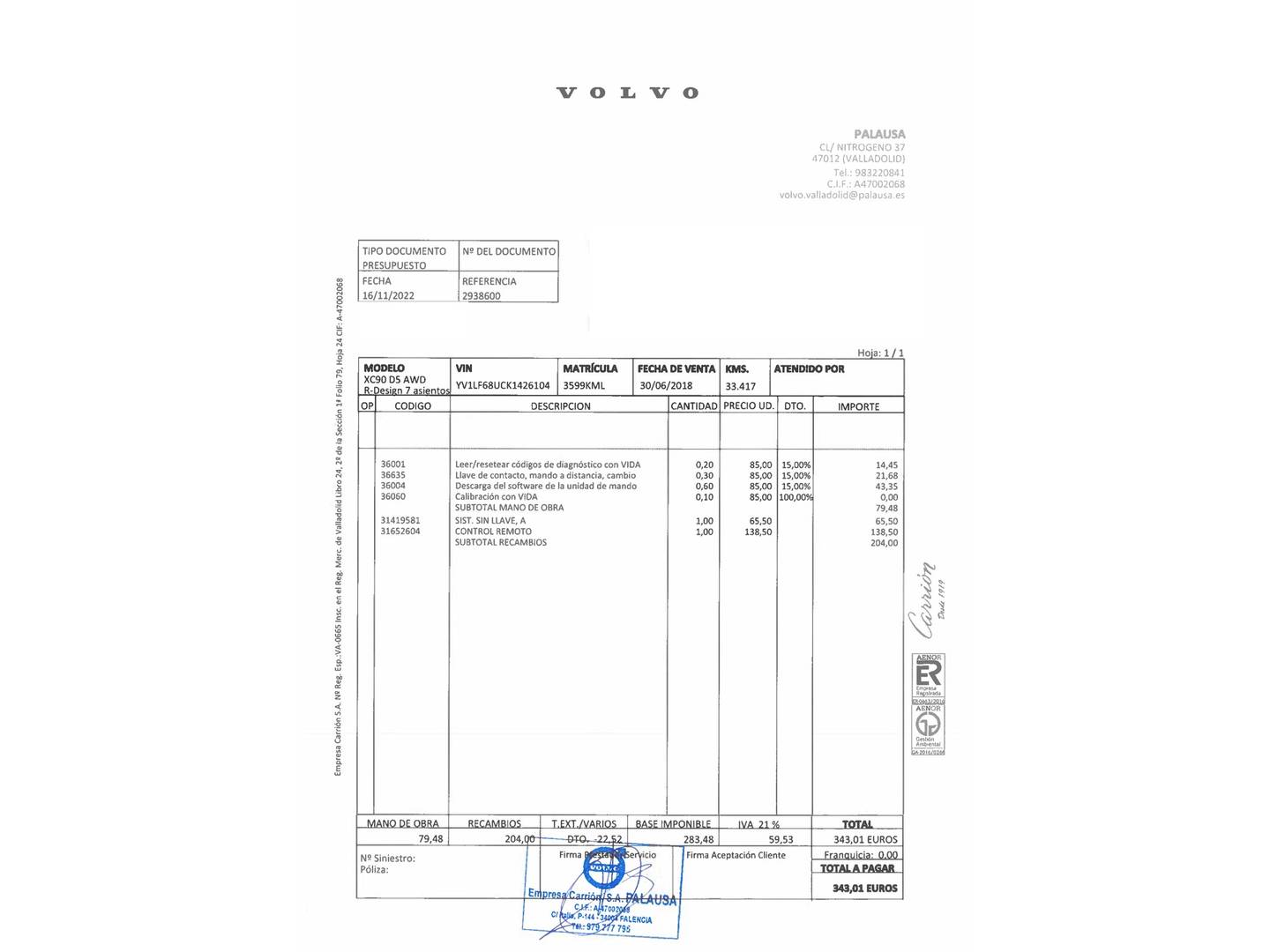 Foto del mantenimiento del Volvo XC90 Volvo XC90 XC90 D5 R-Design AWD Auto (235 CV)