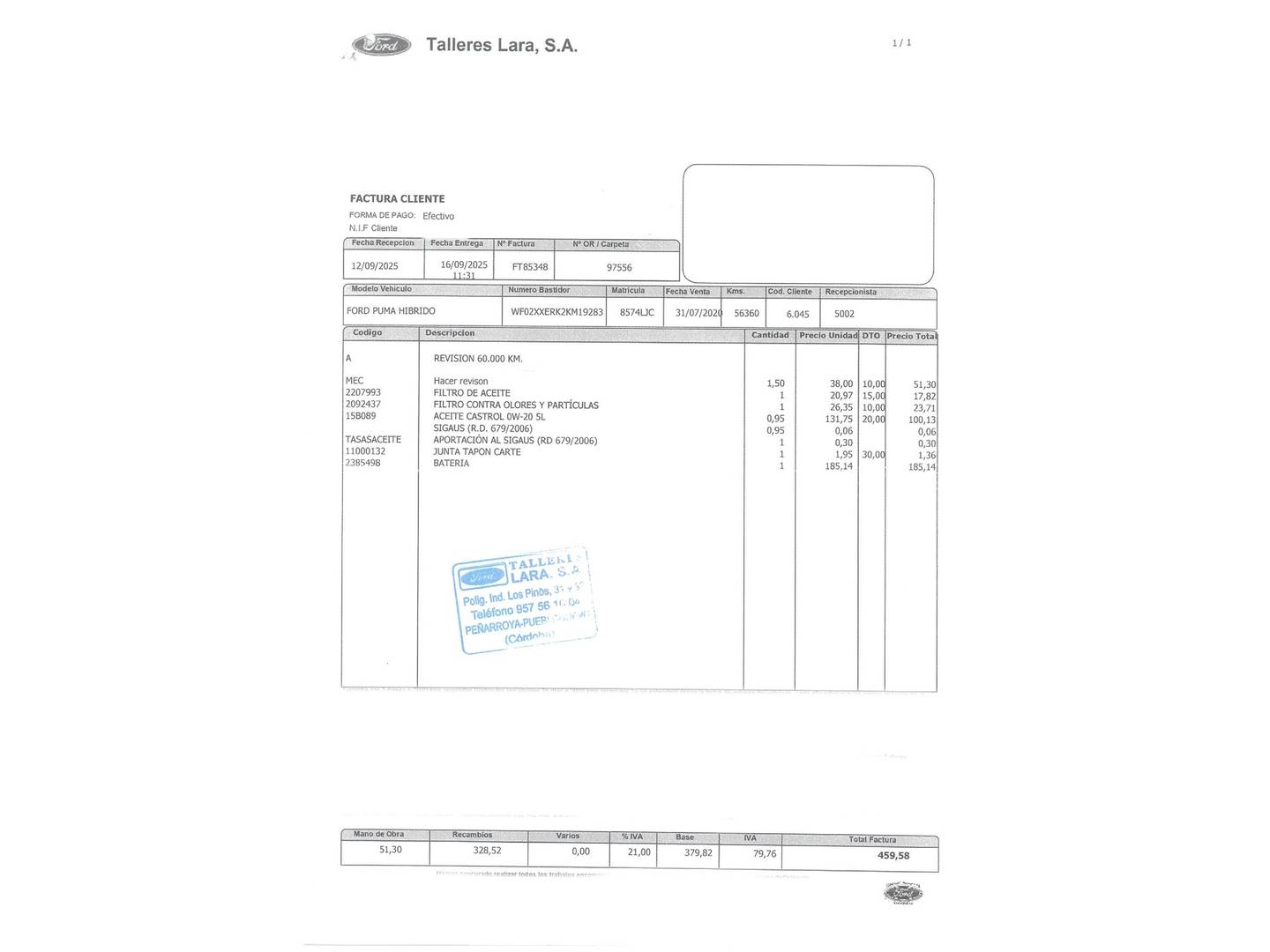 Foto del mantenimiento del Ford Puma Ford Puma 1.0 EcoBoost MHEV ST-Line X(125 CV)