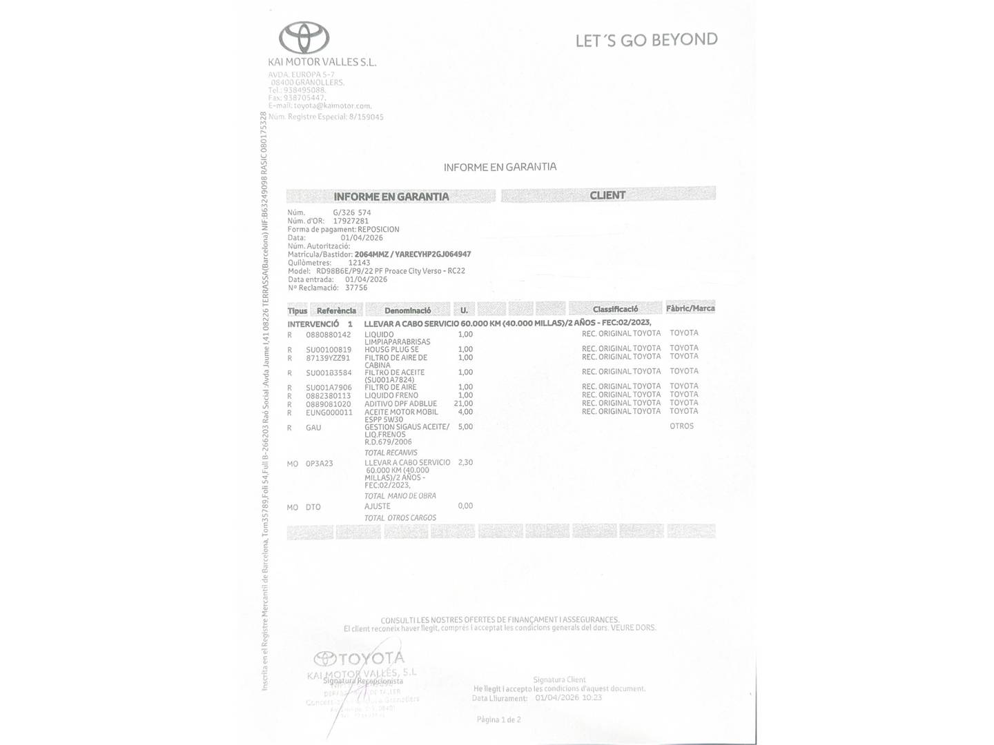 Foto del mantenimiento del Toyota Proace City Verso Toyota Proace City Verso 1.5D Family Active L1 (131 CV)