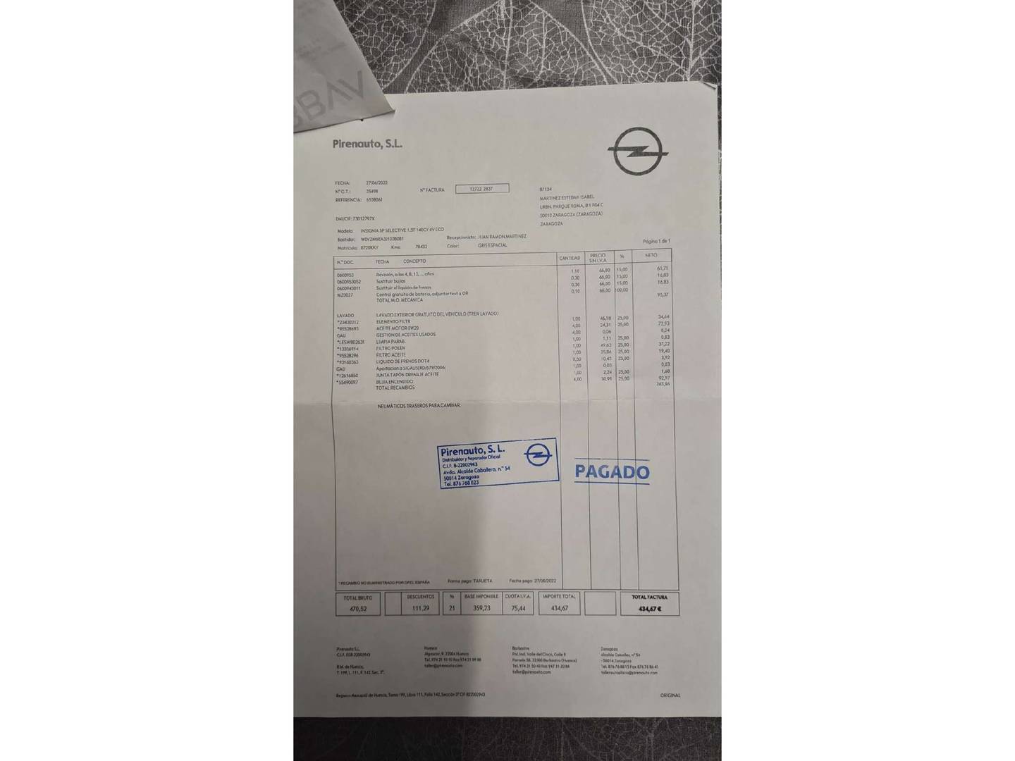Foto del mantenimiento del Opel Insignia Opel Insignia GS 1.5 Turbo XFL ecoTEC Selective (140 CV)